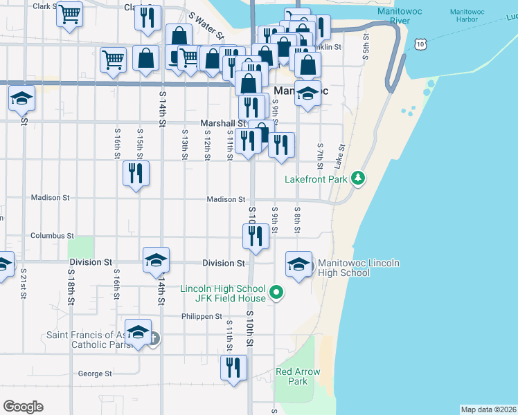 map of restaurants, bars, coffee shops, grocery stores, and more near 911 Madison Street in Manitowoc