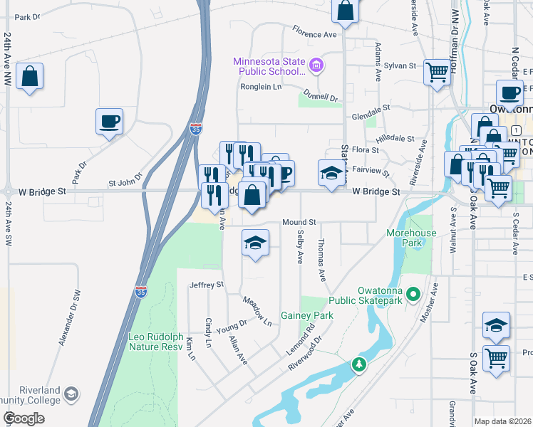 map of restaurants, bars, coffee shops, grocery stores, and more near 660 Mound Street in Owatonna