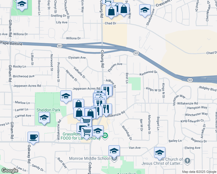 map of restaurants, bars, coffee shops, grocery stores, and more near 1740 Adkins Street in Eugene