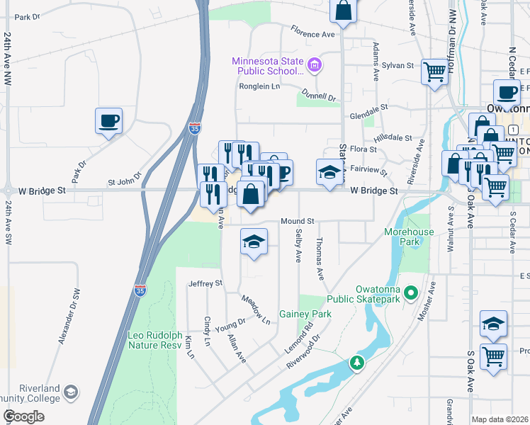map of restaurants, bars, coffee shops, grocery stores, and more near 660 Mound Street in Owatonna
