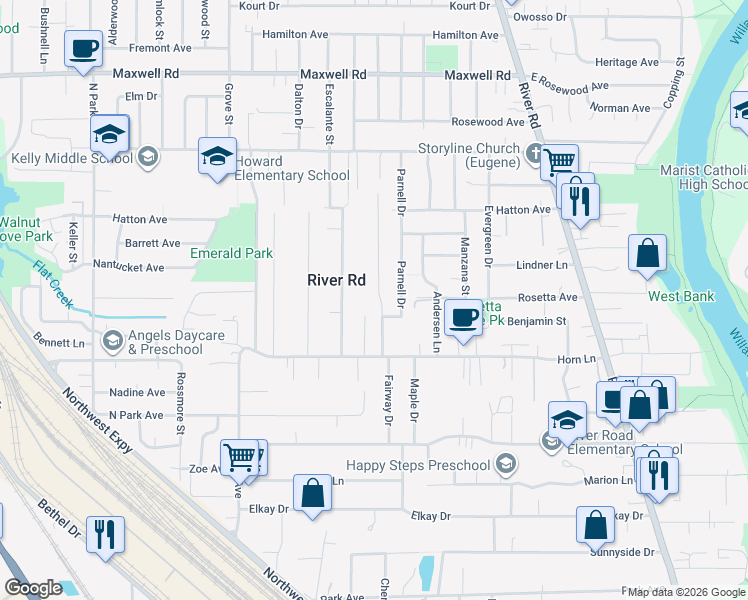 map of restaurants, bars, coffee shops, grocery stores, and more near 1320 Golden Avenue in Eugene