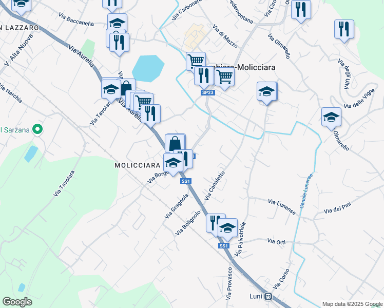 map of restaurants, bars, coffee shops, grocery stores, and more near 22 Via Salicello in Colombiera-molicciara