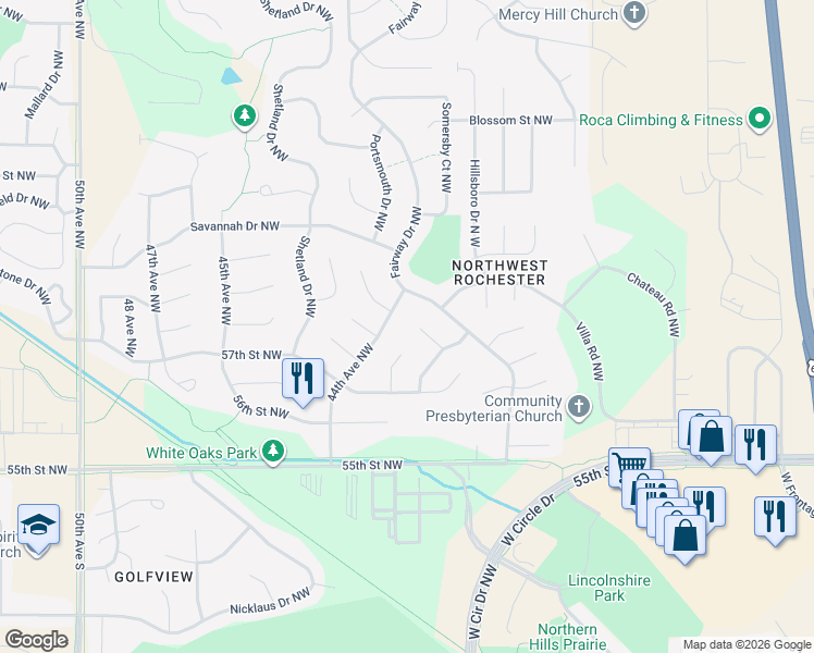 map of restaurants, bars, coffee shops, grocery stores, and more near 4236 Stoneham Lane Northwest in Rochester