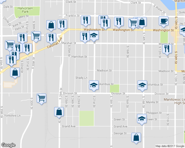 map of restaurants, bars, coffee shops, grocery stores, and more near 1310 South 21st Street in Manitowoc