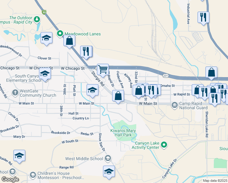 map of restaurants, bars, coffee shops, grocery stores, and more near 3337 West Rapid Street in Rapid City