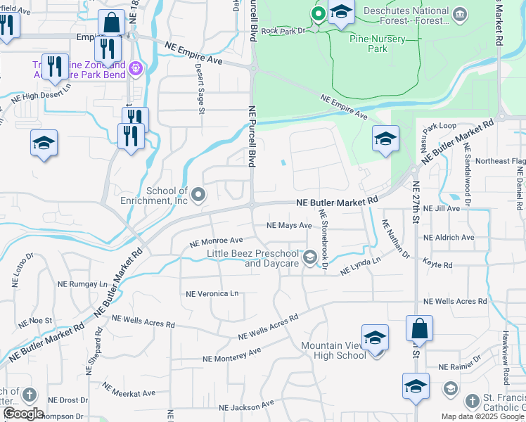 map of restaurants, bars, coffee shops, grocery stores, and more near 3224 Northeast Purcell Boulevard in Bend