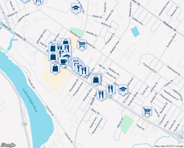 map of restaurants, bars, coffee shops, grocery stores, and more near 31 Acadia Avenue in Lewiston