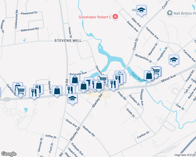 map of restaurants, bars, coffee shops, grocery stores, and more near 26 Millbrook Lane in Auburn