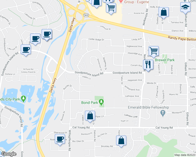 map of restaurants, bars, coffee shops, grocery stores, and more near 1220 Goodpasture Island Road in Eugene