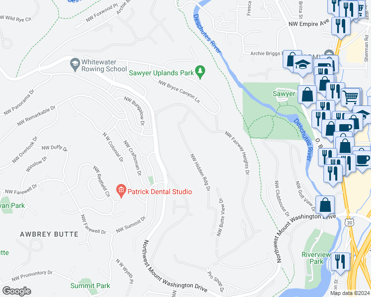 map of restaurants, bars, coffee shops, grocery stores, and more near 3119 NW Hidden Ridge Dr in Bend