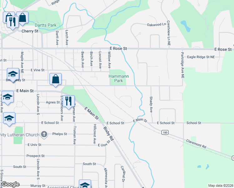 map of restaurants, bars, coffee shops, grocery stores, and more near 209 Woodland Drive in Owatonna