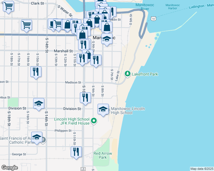 map of restaurants, bars, coffee shops, grocery stores, and more near 1303 South 8th Street in Manitowoc
