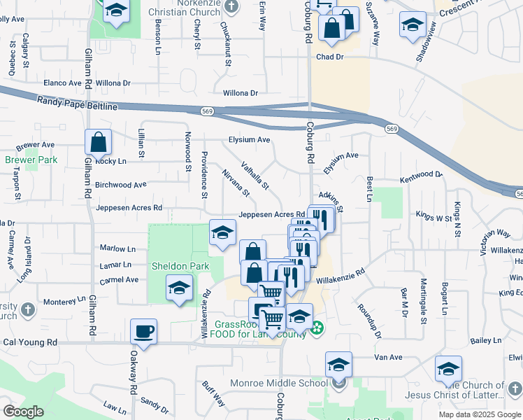 map of restaurants, bars, coffee shops, grocery stores, and more near 2615 Jeppesen Acres Road in Eugene