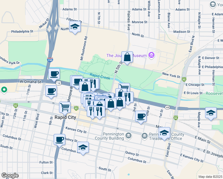 map of restaurants, bars, coffee shops, grocery stores, and more near 2 North 5th Street in Rapid City