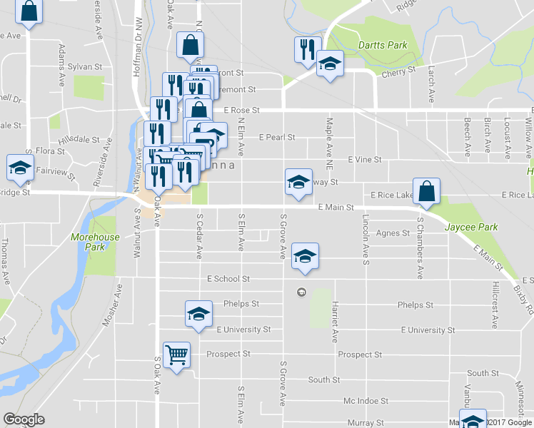 map of restaurants, bars, coffee shops, grocery stores, and more near 233 East Main Street in Owatonna
