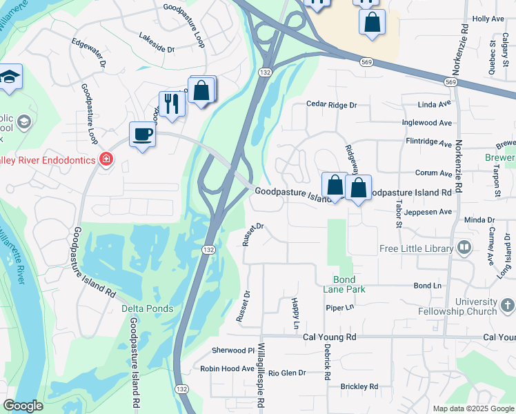 map of restaurants, bars, coffee shops, grocery stores, and more near 1856 Happy Lane in Eugene