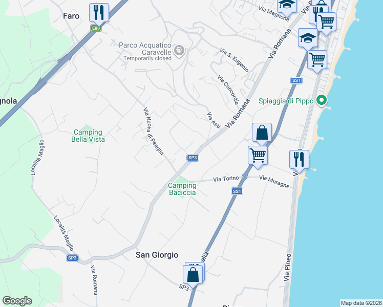 map of restaurants, bars, coffee shops, grocery stores, and more near 62 Via Romana in Ceriale