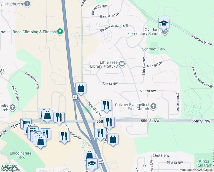 map of restaurants, bars, coffee shops, grocery stores, and more near 2706 59th Street Northwest in Rochester