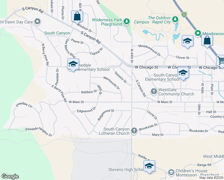map of restaurants, bars, coffee shops, grocery stores, and more near 4536 Baldwin Street in Rapid City
