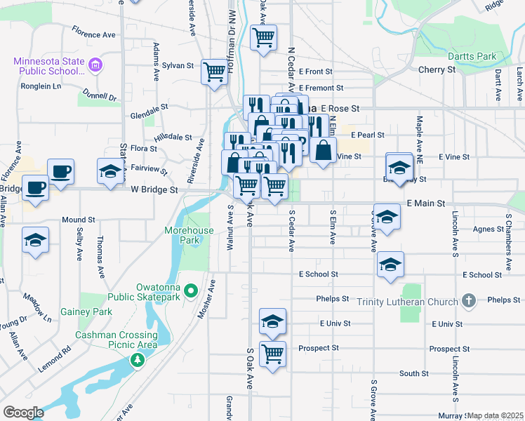 map of restaurants, bars, coffee shops, grocery stores, and more near 135 West Main Street in Owatonna