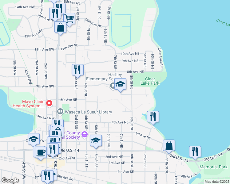 map of restaurants, bars, coffee shops, grocery stores, and more near 605 7th Street Northeast in Waseca