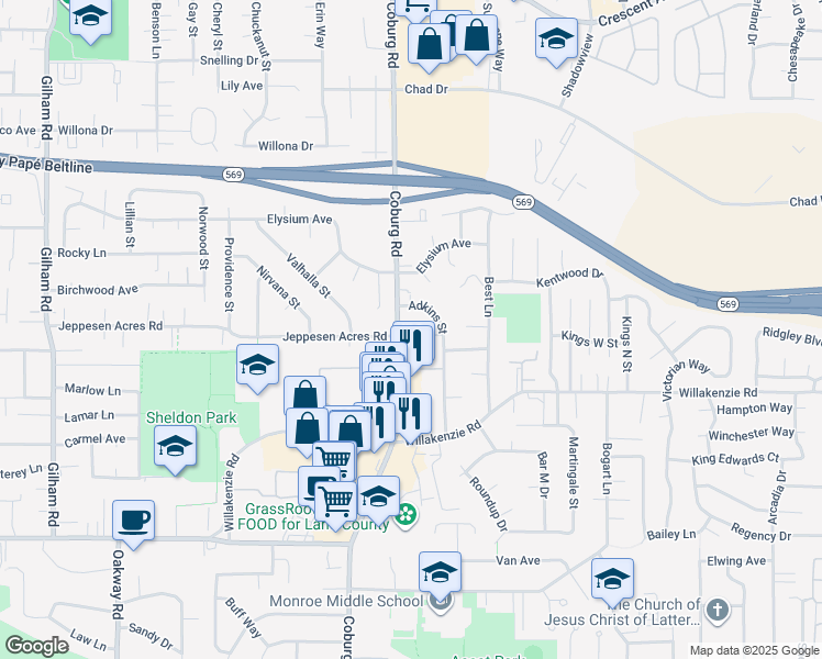 map of restaurants, bars, coffee shops, grocery stores, and more near 1730 Adkins Street in Eugene