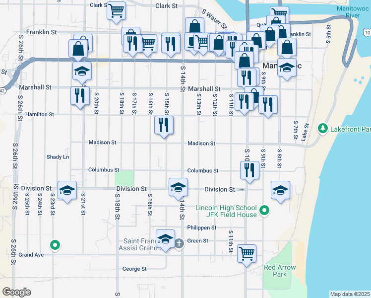 map of restaurants, bars, coffee shops, grocery stores, and more near 1305 South 14th Street in Manitowoc