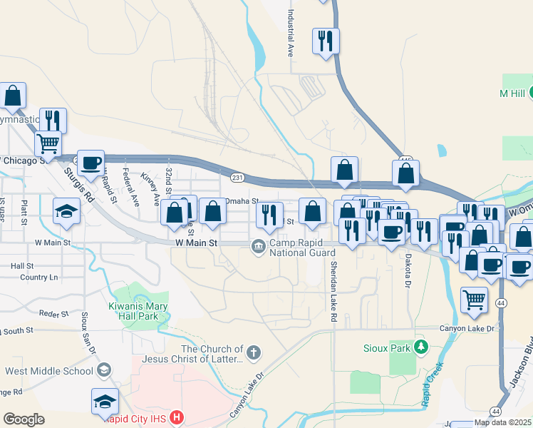 map of restaurants, bars, coffee shops, grocery stores, and more near 2814 West Rapid Street in Rapid City