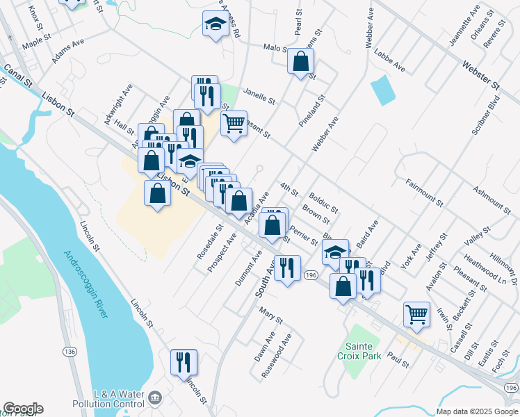 map of restaurants, bars, coffee shops, grocery stores, and more near 31 Acadia Avenue in Lewiston