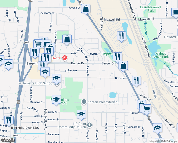 map of restaurants, bars, coffee shops, grocery stores, and more near 1949 Taney Street in Eugene