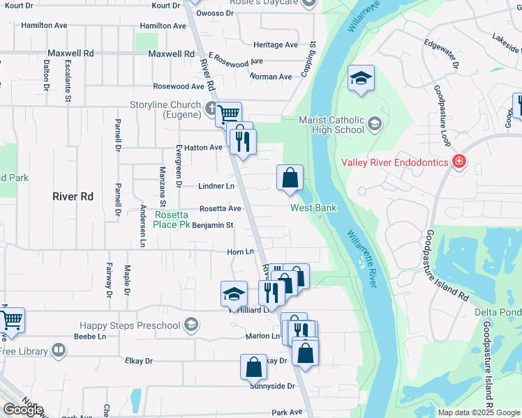 map of restaurants, bars, coffee shops, grocery stores, and more near 68 Greenleaf Avenue in Eugene
