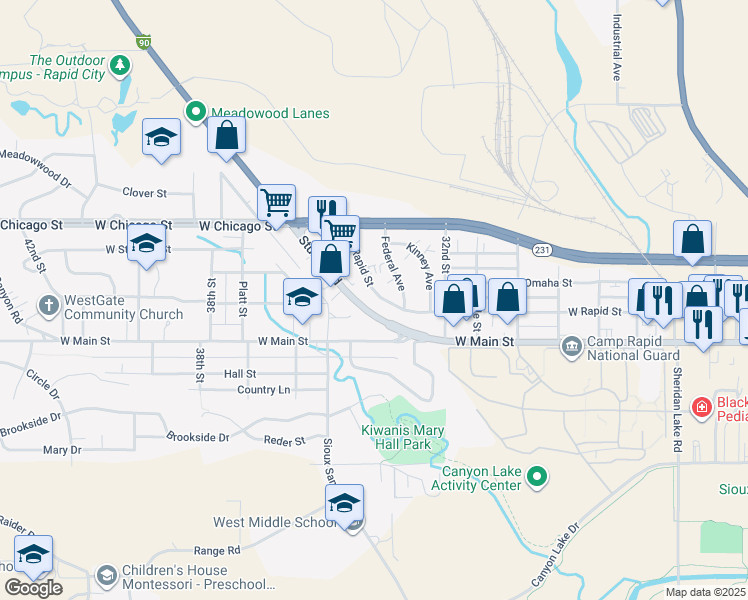 map of restaurants, bars, coffee shops, grocery stores, and more near 3337 West Rapid Street in Rapid City