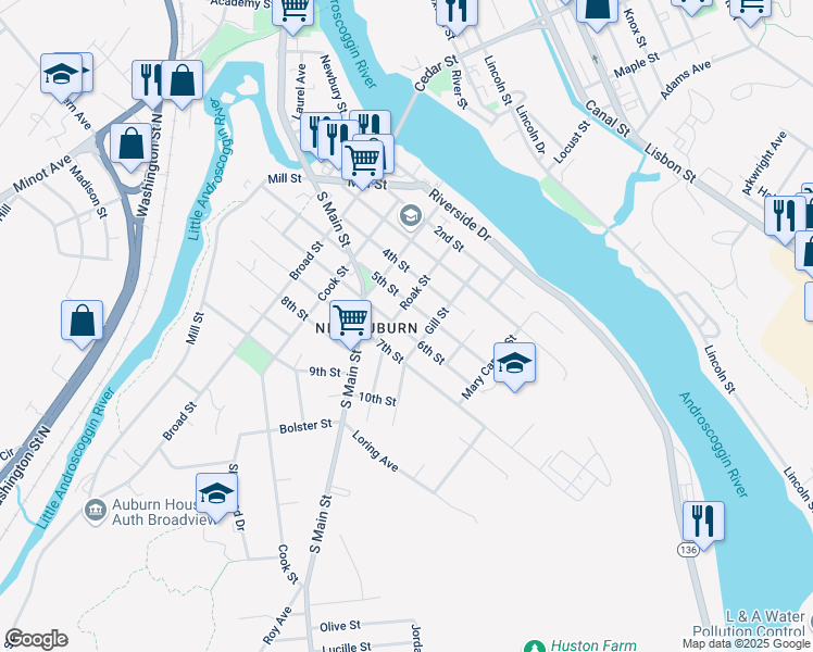 map of restaurants, bars, coffee shops, grocery stores, and more near 126 6th Street in Auburn