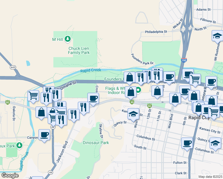 map of restaurants, bars, coffee shops, grocery stores, and more near 1801 West Omaha Street in Rapid City