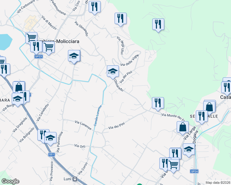 map of restaurants, bars, coffee shops, grocery stores, and more near 42 Via del Maggiore in Colombiera-Molicciara