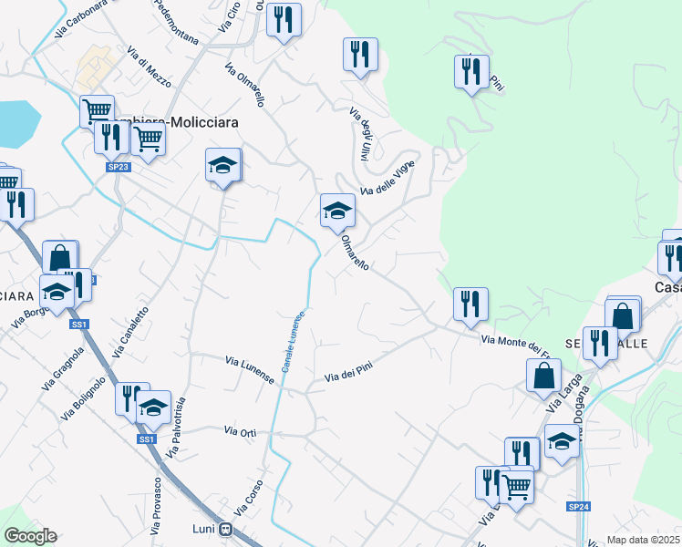 map of restaurants, bars, coffee shops, grocery stores, and more near 40 Via del Maggiore in Colombiera-molicciara