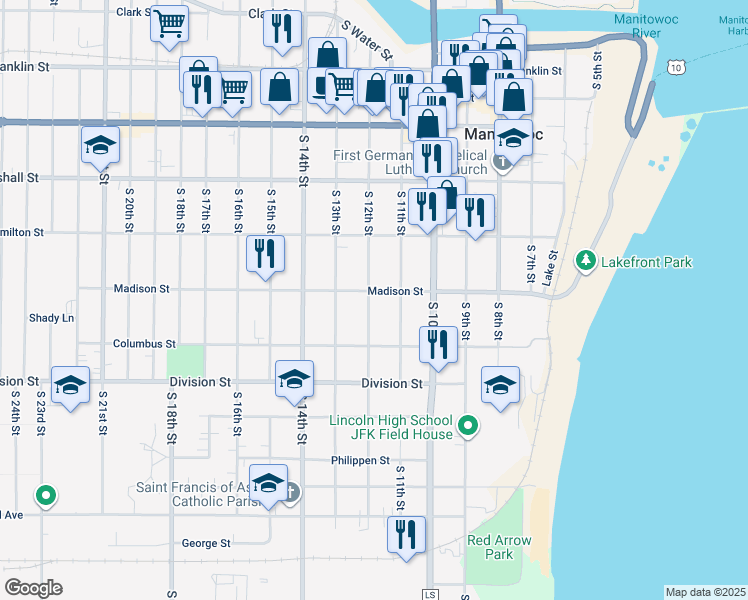 map of restaurants, bars, coffee shops, grocery stores, and more near 1305 South 12th Street in Manitowoc