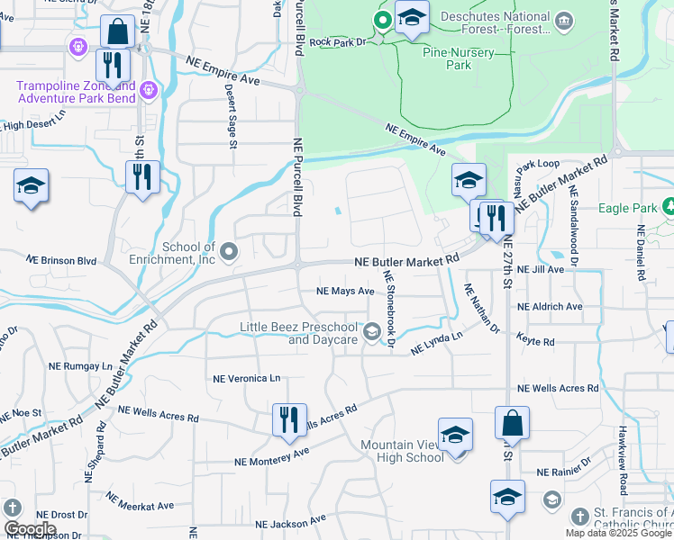 map of restaurants, bars, coffee shops, grocery stores, and more near 3237 Northeast Woodbury Court in Bend