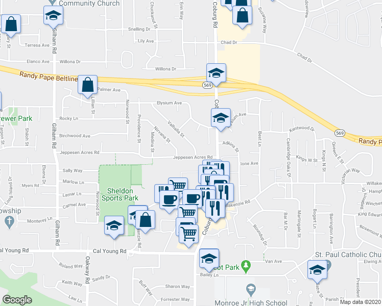 map of restaurants, bars, coffee shops, grocery stores, and more near 2615 Jeppesen Acres Road in Eugene