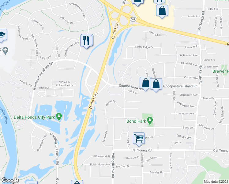map of restaurants, bars, coffee shops, grocery stores, and more near 1856 Happy Lane in Eugene