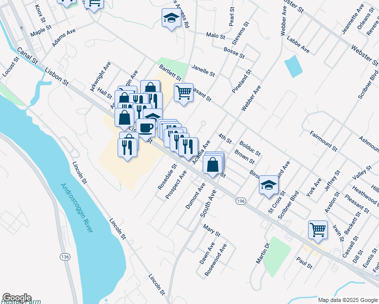 map of restaurants, bars, coffee shops, grocery stores, and more near 163 Rosedale Street in Lewiston