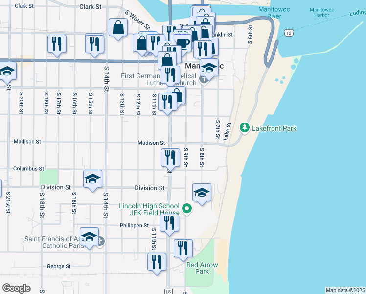 map of restaurants, bars, coffee shops, grocery stores, and more near 911 Madison Street in Manitowoc