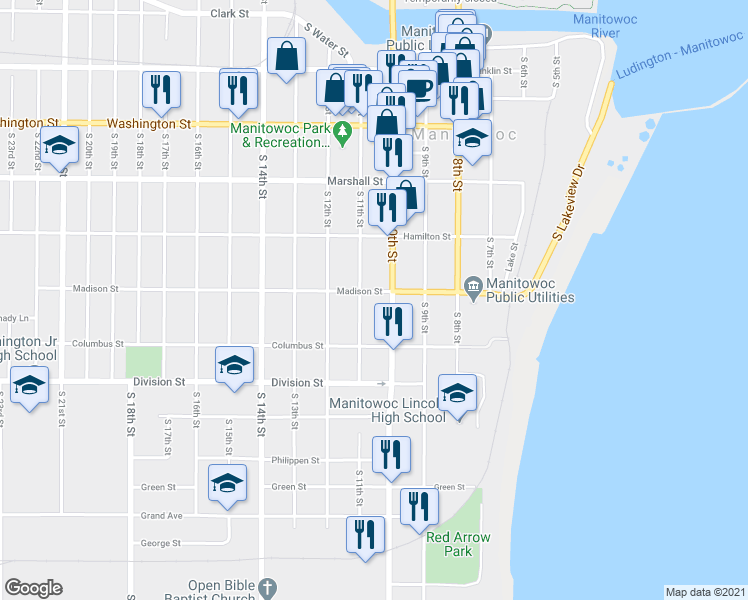 map of restaurants, bars, coffee shops, grocery stores, and more near 1015 Madison Street in Manitowoc