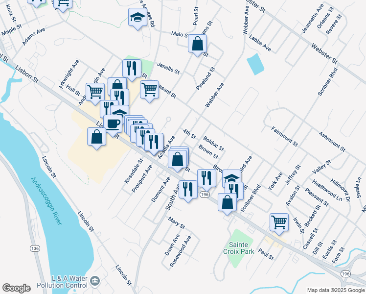 map of restaurants, bars, coffee shops, grocery stores, and more near 199 Webber Avenue in Lewiston