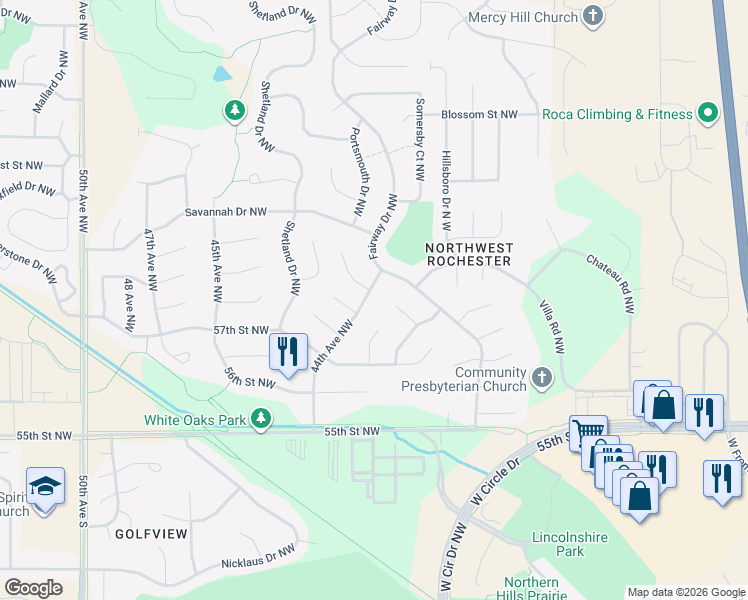 map of restaurants, bars, coffee shops, grocery stores, and more near 4236 Stoneham Lane Northwest in Rochester