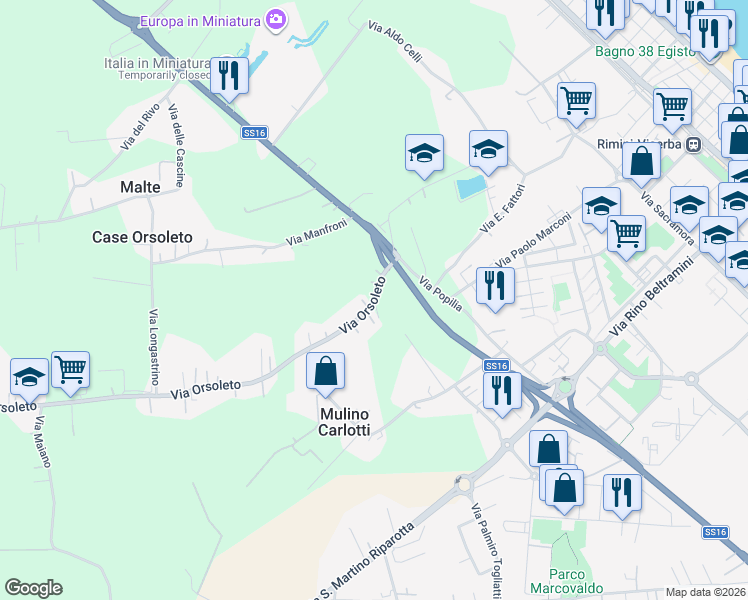 map of restaurants, bars, coffee shops, grocery stores, and more near 8 Via Orsoleto in Rimini