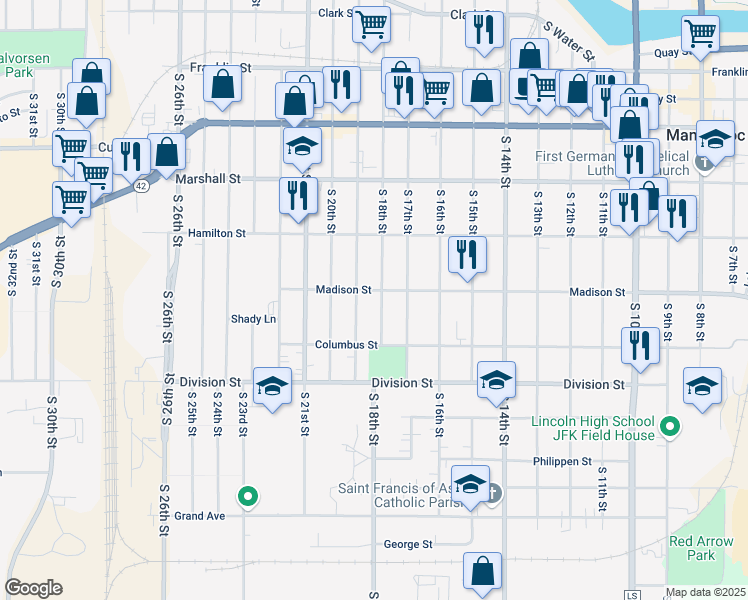 map of restaurants, bars, coffee shops, grocery stores, and more near 1316 South 18th Street in Manitowoc