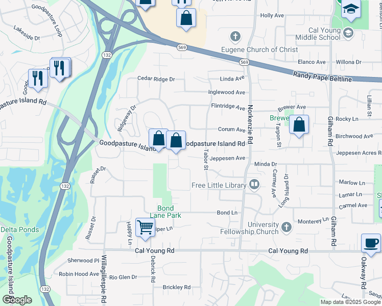 map of restaurants, bars, coffee shops, grocery stores, and more near 1357 Jeppesen Avenue in Eugene