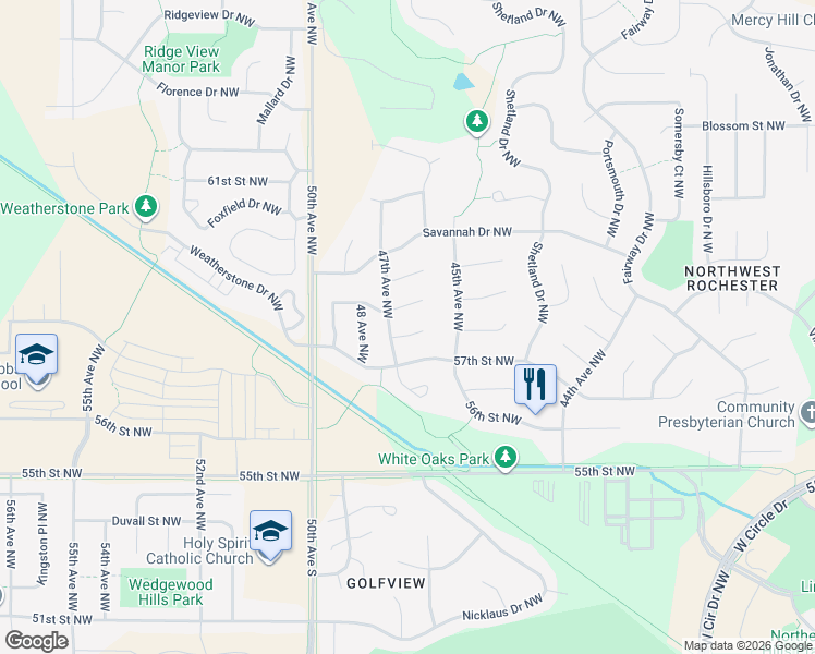 map of restaurants, bars, coffee shops, grocery stores, and more near 4611 58 Lane Northwest in Rochester