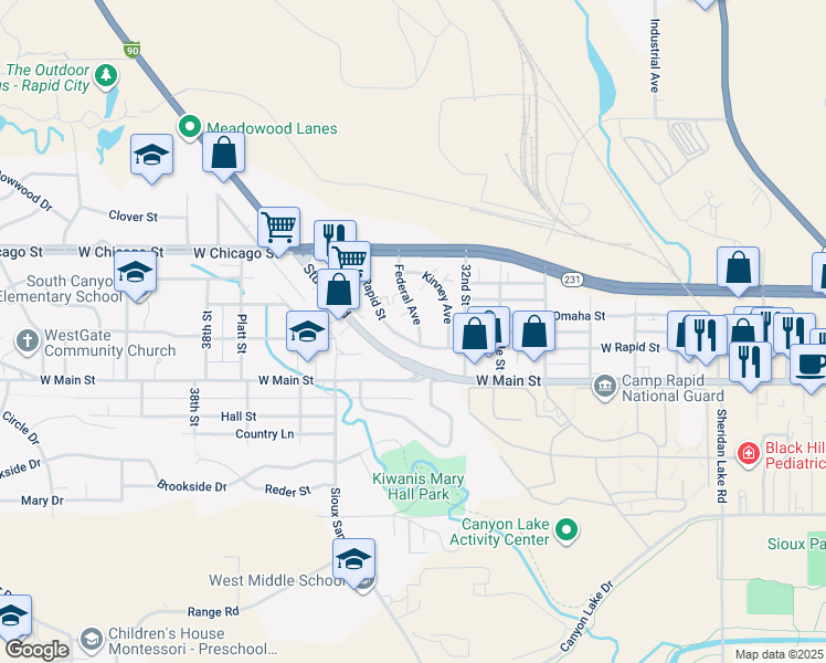 map of restaurants, bars, coffee shops, grocery stores, and more near 270 Federal Avenue in Rapid City